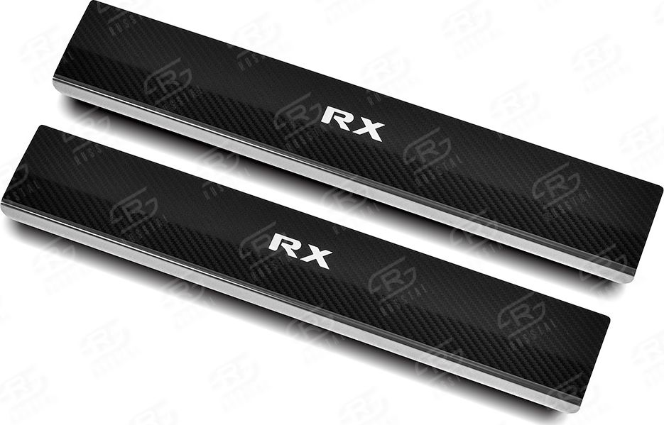 Накладки RusStal на пороги (лист нерж. карбон с надписью) для Lexus RX 200t 2015-2026. Артикул LEXRX15-06