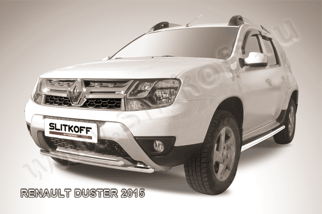 Защита Slitkoff переднего бампера d42+d42 двойная для Renault Duster I рестайлинг 2015-2020. Артикул RD15004