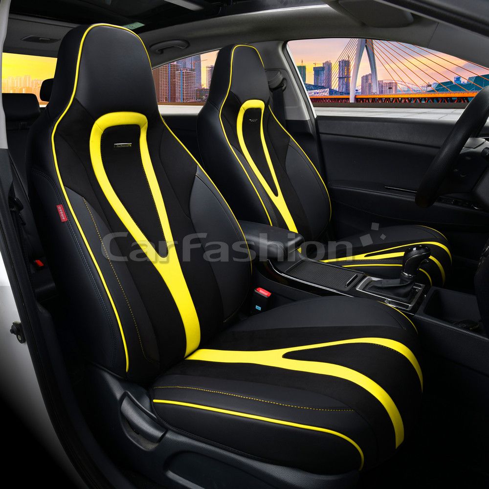 Чехлы универсальные каркасные CarFashion 5D Integral на передние сидения авто, цвет Черный/Черный/Желтый. Артикул 26160