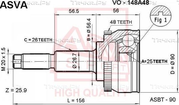 Шрус наружный (граната) Asva передний для Volvo S80 I 1998-2006. Артикул VO-148A48