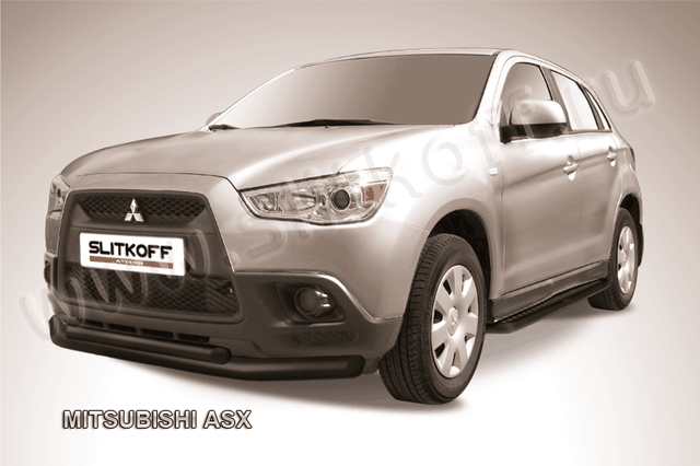 Защита Slitkoff переднего бампера d76/57 двойная ЧЕРНАЯ матовая для Mitsubishi ASX 2010-2012. Артикул MAS001B