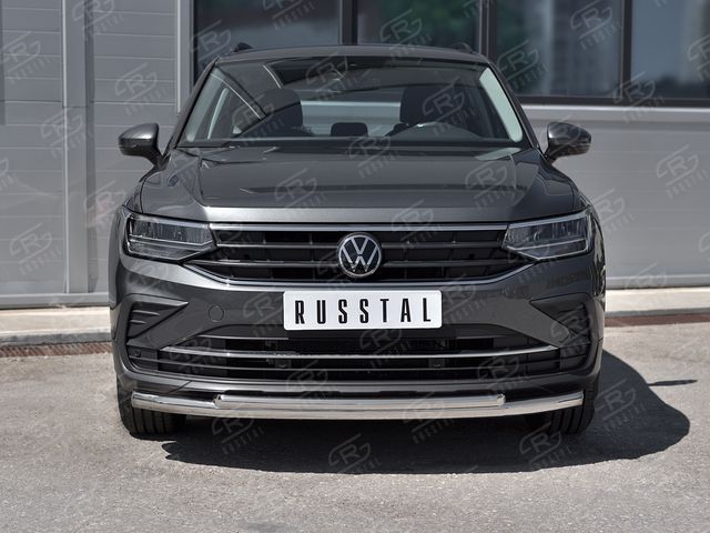 Защита RusStal переднего бампера d63 секции d42 дуга для Volkswagen Tiguan II рестайлинг 2020-2026 (кроме R-Line). Артикул VGZ-003574