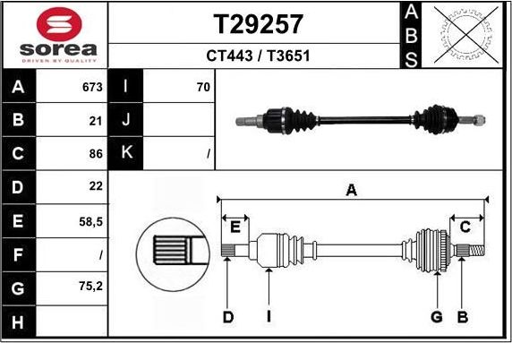 Полуось (привод в сборе, приводной вал) EAI. Артикул T29257