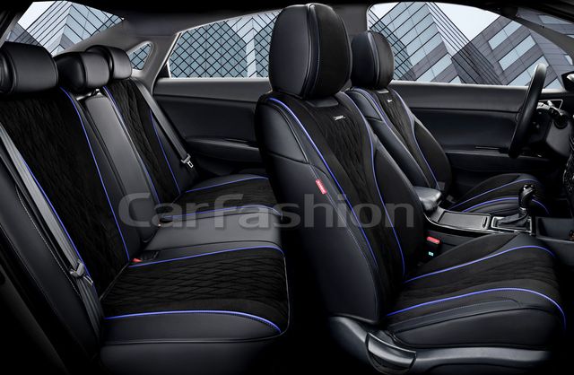 Комплект универсальных каркасных чехлов CarFashion 5D Symbol Plus на сидения авто, цвет Черный/Черный/Синий. Артикул 27253
