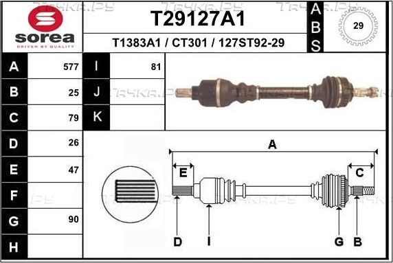 Полуось (привод в сборе, приводной вал) EAI. Артикул T29127A1