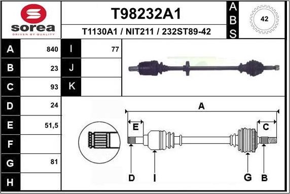 Полуось (привод в сборе, приводной вал) EAI. Артикул T98232A1