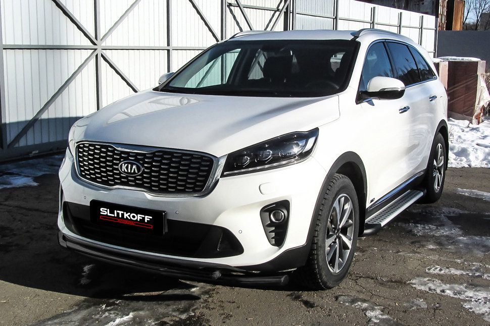 Защита Slitkoff переднего бампера d57/42 двойная для Kia Sorento III (Prime) рестайлинг 2017-2020 ЧЕРНАЯ матовая. Артикул KS17-001B
