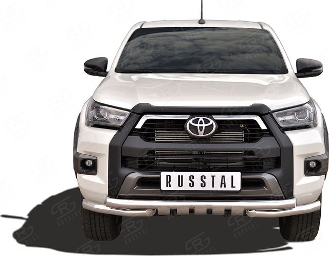 Защита RusStal переднего бампера d63 секции d63 уголки+клыки для Toyota Hilux VIII Black Onyx 2020-2026. Артикул THBOZ-003511