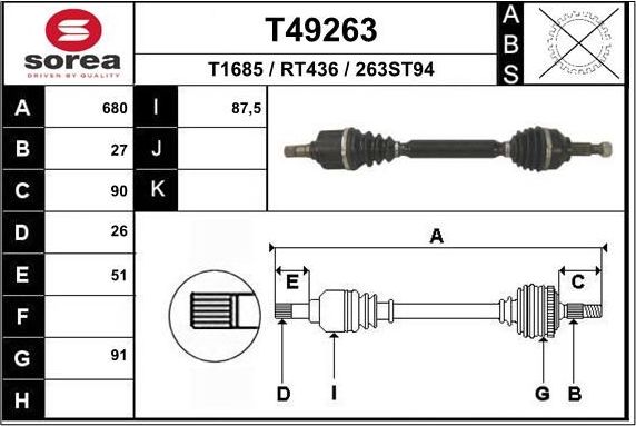 Полуось (привод в сборе, приводной вал) EAI. Артикул T49263