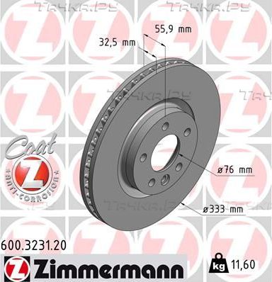 Тормозной диск Zimmermann Coat Z передний для Volkswagen Transporter T5 2003-2015. Артикул 600.3231.20