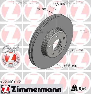 Тормозной диск Zimmermann Formula S Coat Z передний для Mercedes-Benz C-Класс IV (W205, C205) 2014-2026. Артикул 400.5519.30