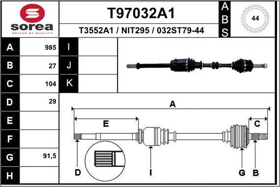Полуось (привод в сборе, приводной вал) EAI. Артикул T97032A1