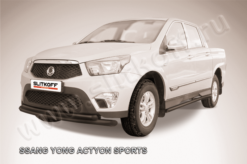Защита Slitkoff переднего бампера d76+d57 двойная радиусная для SsangYong Actyon Sports I рестайлинг 2012-2026 Черная. Артикул SYAS001B