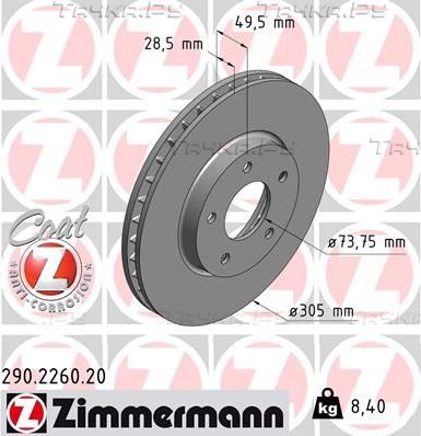 Тормозной диск Zimmermann Coat Z передний для Jaguar XJ II (X308) 1997-2003. Артикул 290.2260.20