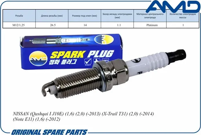 Свеча зажигания (Platinum) NISSAN Qashqai I J10E 1,6/2,0/X-Trail T31 2,0 -2014 (AMD). Артикул AMD.PL117