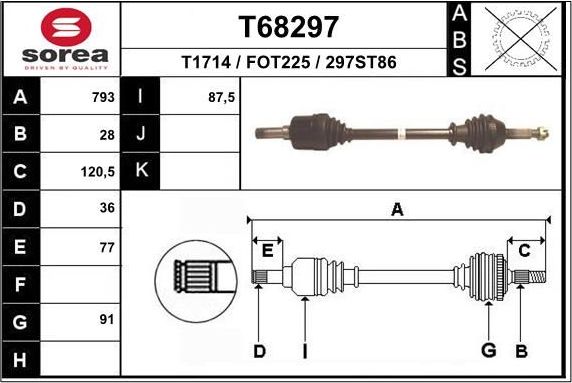Полуось (привод в сборе, приводной вал) EAI. Артикул T68297