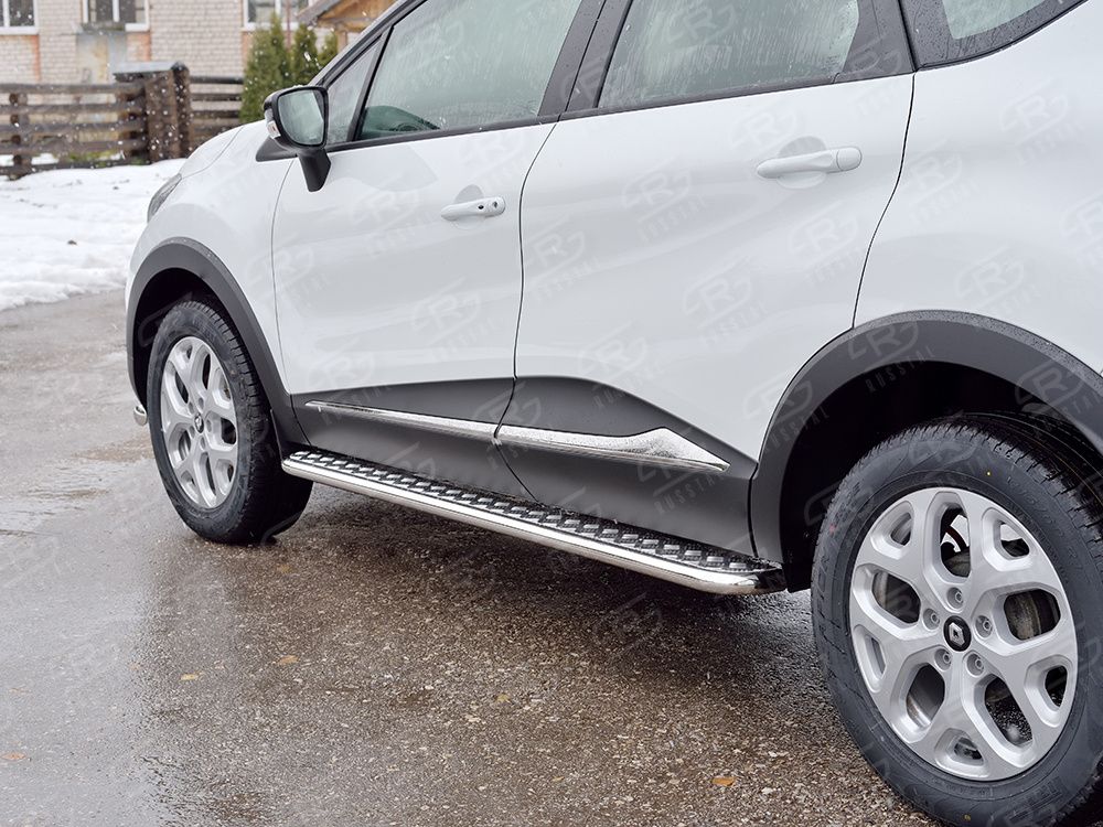 Защита RusStal порогов труба d42 с листом (Лист алюм, проф. нерж) (Вариант 2) для Renault Kaptur 2016-2026. Артикул RKPL-0024682