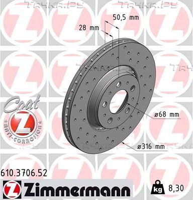 Тормозной диск Zimmermann Sport Coat Z передний для Volvo S60 I 2000-2010. Артикул 610.3706.52