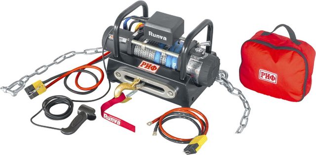 Переносная лебёдка РИФ: 12V Runva 8000 lbs 3629 кг c площадкой на цепях и проводами (стальной трос) РИФ. Артикул EWX8000SR-KIT2