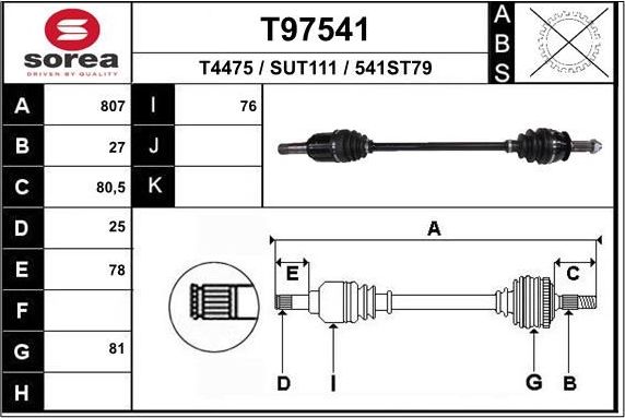 Полуось (привод в сборе, приводной вал) EAI. Артикул T97541