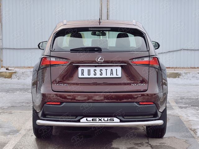 Защита RusStal заднего бампера d63 секции с надписью для Lexus NX200 2014-2017 (кроме F-Sport). Артикул LNXZ-002585
