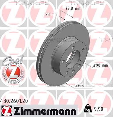 Тормозной диск Zimmermann Coat Z передний для Opel Movano II 1998-2010. Артикул 430.2601.20