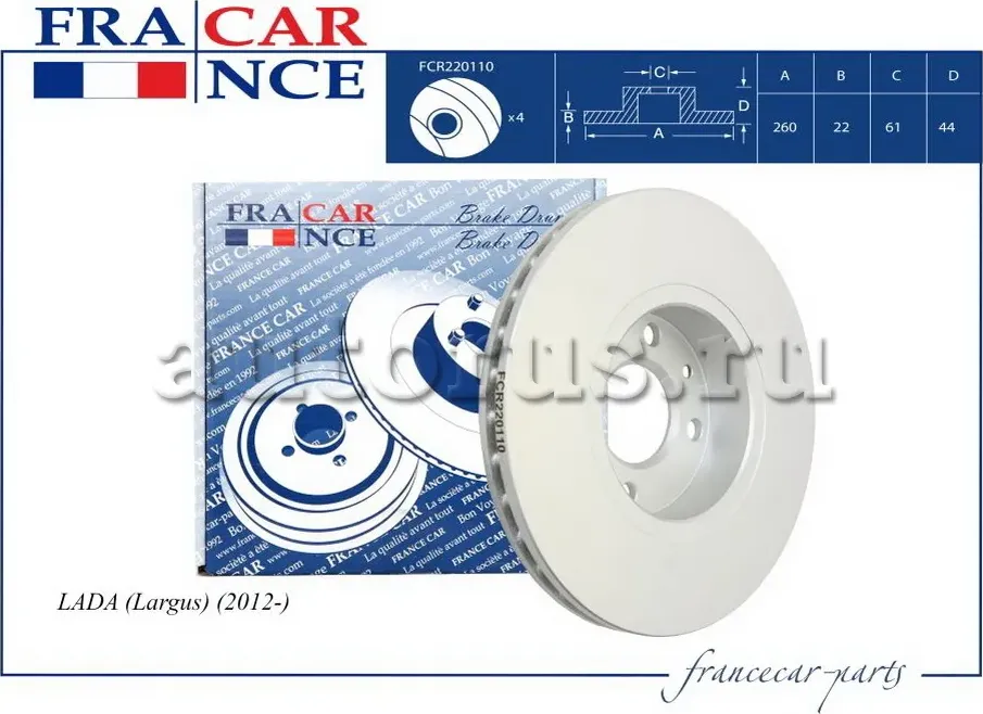 Диск тормозной передний Renault Logan Megane II Lada Largus Vesta 260*22 (Francecar) Francecar. Артикул FCR220110