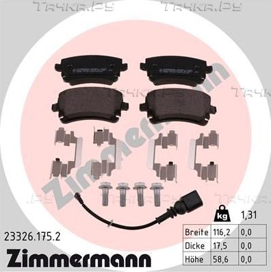 Тормозные колодки Zimmermann задние для Volkswagen Multivan T6 2015-2026. Артикул 23326.175.2