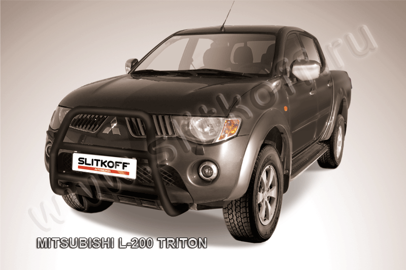 Кенгурятник Slitkoff d57 высокий ЧЕРНЫЙ матовый для Mitsubishi L200 IV Triton 2006-2015. Артикул ML006B