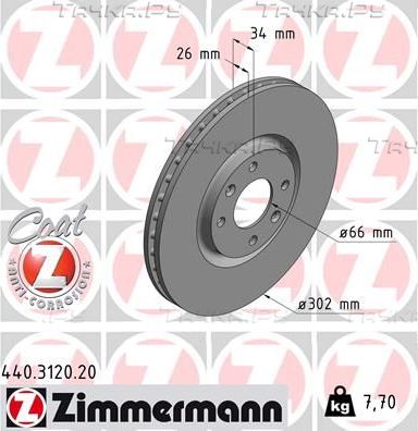 Тормозной диск Zimmermann Coat Z передний для Citroen C4 I 2008-2008. Артикул 440.3120.20