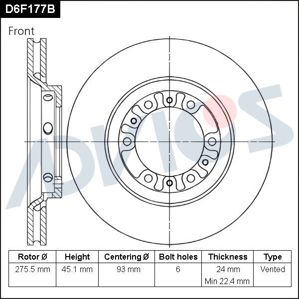 Тормозной диск Advics для Mitsubishi Delica IV 1995-2000. Артикул D6F177B