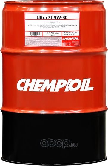 5W-30 Ultra SL SN/ CH-4, A3/ B4 60л (синт. мотор. масло) (Chempioil). Артикул CH972260