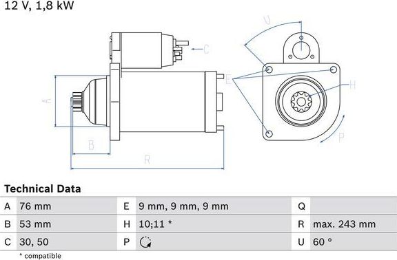 Стартер Bosch для Volkswagen Transporter T4 1994-2003. Артикул 0 986 016 990