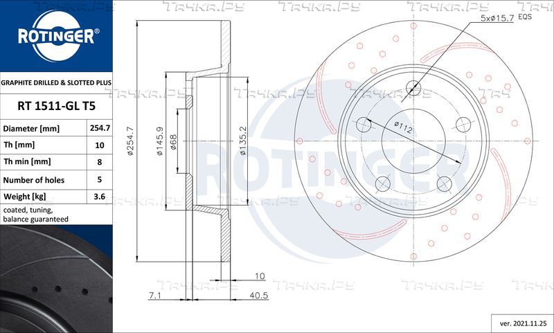 Тормозной диск Rotinger GRAPHITE DRILLED & SLOTTED PLUS задний для Audi A6 allroad I (C5) 2000-2005. Артикул RT 1511-GL T5
