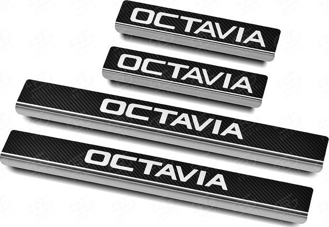 Накладки RusStal на пороги (лист нерж. карбон с надписью) для Skoda Octavia IV 2020-2026. Артикул SKOCT20-06