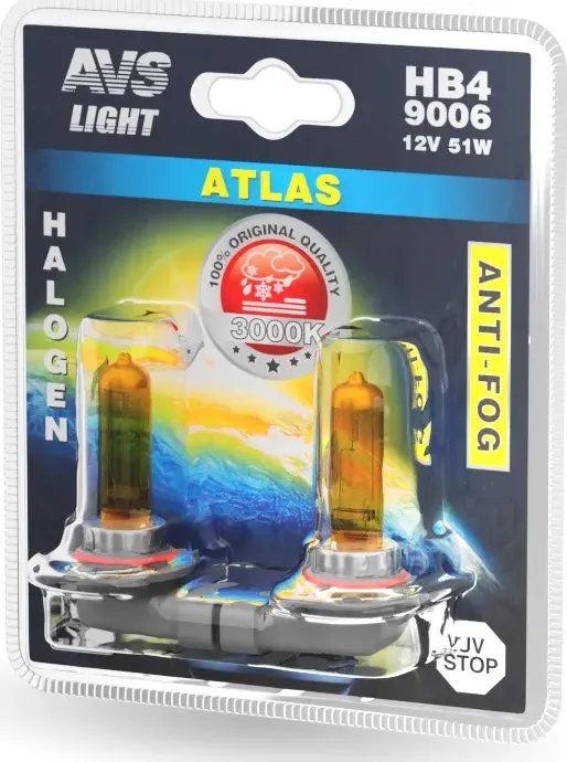 ГАЛОГЕННАЯ ЛАМПА /ATLAS ANTI-FOG/ЖЕЛТЫЙ HB4/9006.12V.55W.БЛИСТЕР-2ШТ. (AVS). Артикул A78624S