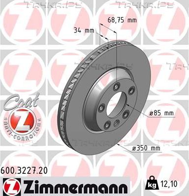 Тормозной диск Zimmermann Coat Z передний правый для Porsche Cayenne I (955) 2002-2010. Артикул 600.3227.20