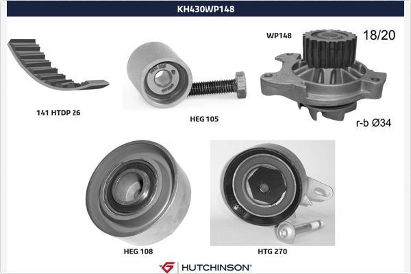 Помпа (водяной насос) с комплектом ремня ГРМ Hutchinson для Volkswagen Crafter I 2006-2013. Артикул KH 430WP148