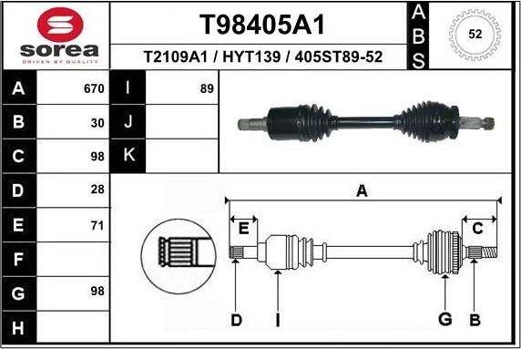 Полуось (привод в сборе, приводной вал) EAI. Артикул T98405A1