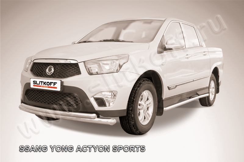 Защита Slitkoff переднего бампера d76+d57 двойная радиусная для SsangYong Actyon Sports I рестайлинг 2012-2026. Артикул SYAS001
