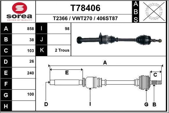 Полуось (привод в сборе, приводной вал) EAI. Артикул T78406