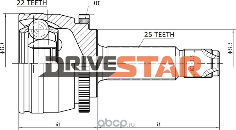 ШРУС НАРУЖНЫЙ 22x55x25 (Drivestar). Артикул OCKH0001F