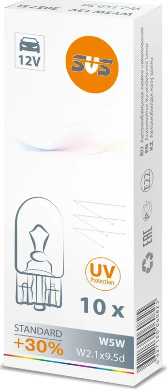 Лампа 12V W5W 5W +30% W2,1x9,5d SVS Standard 1 шт. картон 0200013000. Артикул 0200013000