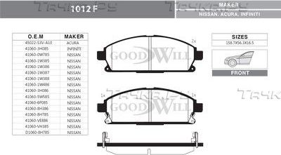 Тормозные колодки GoodWill передние для Nissan X-Trail T30 2001-2013. Артикул 1012 F