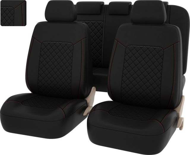 Чехлы универсальные PSV Elegant Next на сидения, цвет Ромб Черный/отстрочка красная. Артикул 130140