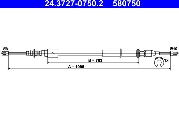 Трос ручника (тросик ручного тормоза) ATE. Артикул 24.3727-0750.2