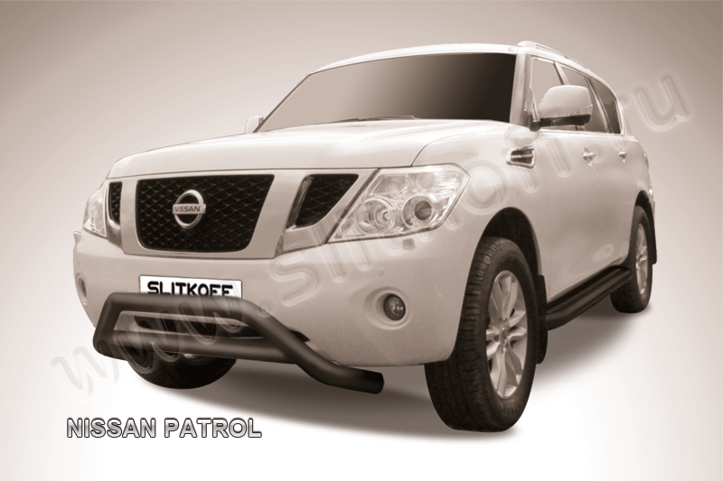 Кенгурятник Slitkoff d76 низкий широкий с перемычкой ЧЕРНЫЙ матовый для Nissan Patrol Y62 2012-2014. Артикул NIPAT008B