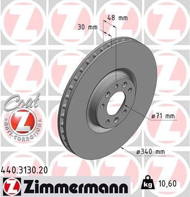 Тормозной диск Zimmermann Coat Z передний для Citroen C6 2009-2012. Артикул 440.3130.20