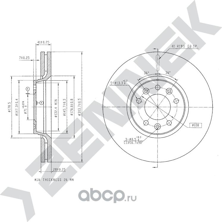 Диск тормозной передний CITRON C5 08-> JUMPY 06 (Zennek). Артикул DBD0186
