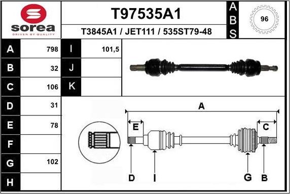 Полуось (привод в сборе, приводной вал) EAI для Dodge Charger VI (LD) 2011-2026. Артикул T97535A1